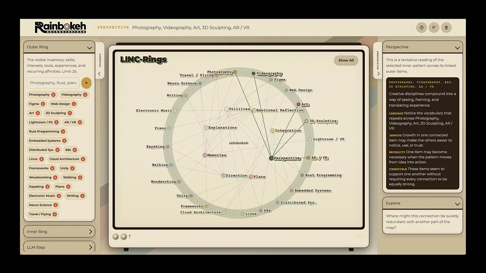Screenshot of the LINC-Rings web app showing an Outer Ring of skills mapped through an Inner Ring of recurring modes.