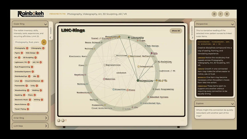 Screenshot of the LINC-Rings web app showing an Outer Ring of skills mapped through an Inner Ring of recurring modes.